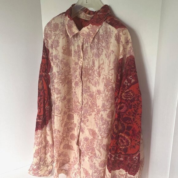 Free People Rose Bud Paisley Cotton Oversized Boho Blouse Red Cream Lightweight - Picture 8 of 14